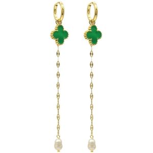 Oorbellen - Klaver en Parel - Oorhangers - RVS - 9 cm - Goudkleurig en Groen