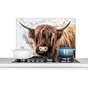 Spatscherm keuken 80x55 cm - Kookplaat achterwand Schotse Hooglander - Koe - Wit - Muurbeschermer - Spatwand fornuis - Hoogwaardig aluminium