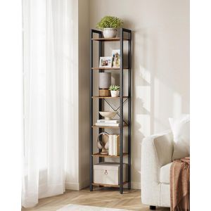 Sierra boekenkast, boekenplank, staande plank, DVD plank, met 6 niveaus, kantoorplank, open planken, voor kantoor, woonkamer, slaapkamer, keuken, 40 x 30 x 187,5 cm, vintage bruin-zwart
