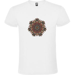 Wit T-shirt met Grote Mandala in Donker Rood, Bruin en Blauwe kleuren size M