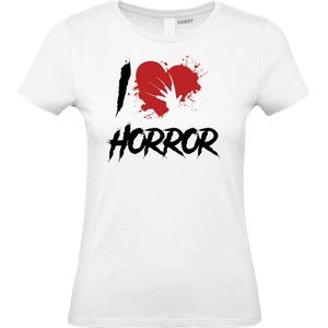Dames T-shirt I Love Horror | Halloween Kostuum Volwassenen | Horror Shirt | Gothic Shirt | Wit dames | maat XS