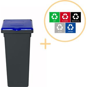 Plafor Fit Bin Prullenbak met Deksel voor Afvalscheiding - 53L – Zwart/Blauw - Inclusief 5-delige Stickerset - Afvalbak voor gemakkelijk Afval Scheiden en Recycling - Afvalemmer - Vuilnisbak voor Huishouden, Keuken en Kantoor - Afvalbakken - Recyclen