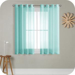 Vitrage, voile stof, halfdoorzichtig, kort, met ingestanste ringen, linnenlook, voor woonkamer, slaapkamer, kinderkamer, turquoise, 145 x 140 cm (h x b), 2-delige set