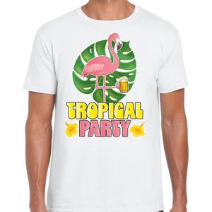 Toppers - Bellatio Decorations Tropical party T-shirt voor heren - flamingo - wit - carnaval/themafeest XXL
