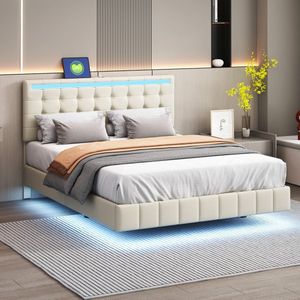 Gestoffeerd bed 140 x 200 cm - zwevend bedframe met LED-verlichting - vlak tweepersoonsbed logeerbed - linnenstof - beige