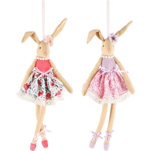 Dekoratief | Hanger bunny m/jurkje, roze, stof, 29cm, set van 2 stuks | A230809