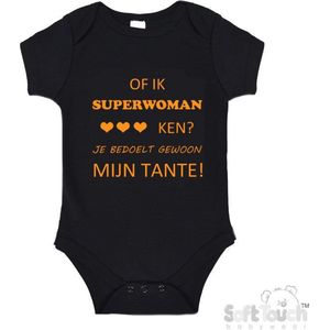 100% katoenen Romper ""Of ik Superwoman ken Je bedoelt gewoon mijn tante"" Unisex Katoen Zwart/mosterd Maat 62/68