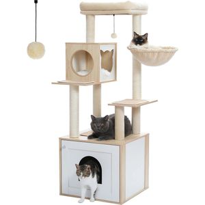 vanBoni - Kattenboom - Kattenbak - Katten krabpaal - Sisal krabpaal - Houten Structuur - 144CM - Beige/Wit