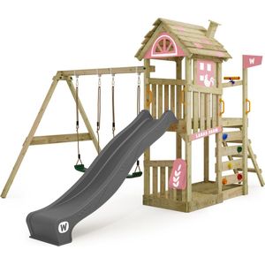 WICKEY speeltoestel klimtoestel FarmFlyer met schommel, pastelroze zeil & antracietkleurige glijbaan, outdoor klimtoren voor kinderen met zandbak, ladder & speelaccessoires voor de tuin