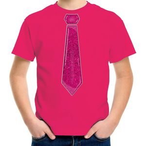 Bellatio Decorations Verkleed t-shirt voor kinderen - glitter stropdas - roze - jongen - carnaval 164/176