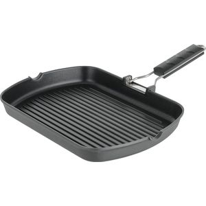 Grillpan met antiaanbaklaag en inklapbare handgreep, aluminium rooster voor vetarme gerechten, inductieplaat, 34x24 cm