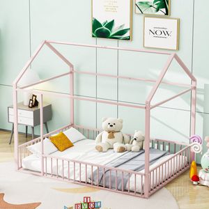 Sweiko Kinderbed 140 X 200cm, metalen bed met spijlen, Tweepersoons, huisstijl, roze