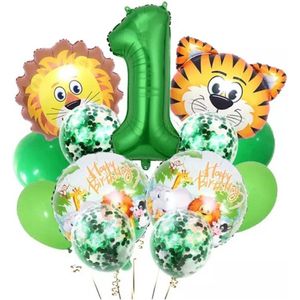 Jungle Ballonnen set - 1 Jaar - 13 stuks - Verjaardag Versiering / Feestversiering - Kinderfeestje - Jungle - Safari - Dieren - Dierentuin - Zoo - Helium ballon - Groene ballon - Gele balon - Jungle Versiering - Happy Birthday