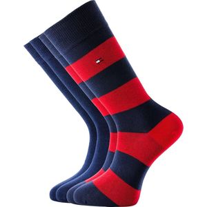 Tommy Hilfiger Rugby Stripe Socks (2-pack) - herensokken katoen gestreept en uni - blauw met rood -  Maat: 43-46