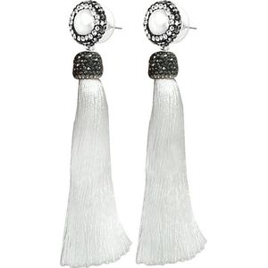 Zoetwater parel oorbellen Bright Pearl White Tassel - oorstekers - echte parels - wit - zwart - zilver - stras steentjes - kwastje