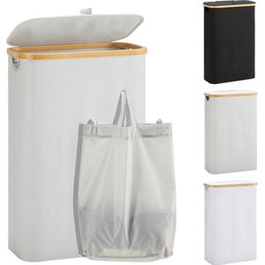Wasmand met deksel - 48 liter - wasverzamelaar - smal - waszak - opvouwbare wasmand - hout - bamboe - hoge wasmand - grijs Wasmand 2.0