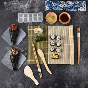 11 stuks Sushi Making Kit, Sushi Rolling Bamboe Matten 2 pack met Rijst Paddle Spreader + Temaki Roller + 5-Grid Rijstvorm + 2 stuks Saus Borden + 2 paar Eetstokjes met Opbergtas