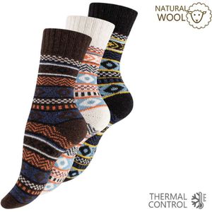 3 paar Noorse wollen sokken - Hygge - Gemixt - Marineblauw/Ecru/Bruin - Maat 35-38