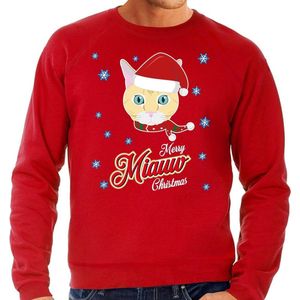 Foute Kersttrui / sweater - Merry Miauw Christmas - kat / poes - rood voor heren - kerstkleding / kerst outfit S