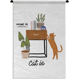 Wandkleed Quotes voor thuis - Quote voor thuis 'Home is where your cat is' met een kat op een witte achtergrond Wandkleed katoen 120x180 cm - Wandtapijt met foto XXL / Groot formaat!