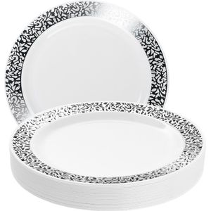 MATANA 20 Witte Plastic Borden met Zilveren Rand (26cm), Feestbordjes voor Bruiloften, Verjaardagen, Dopen, Kerstmis & Feesten - Stevig en Herbruikbaar