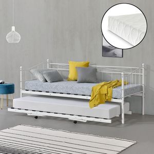 Slaapbank Rosa - Met onderschuifbed en matrassen - Wit - Staal - Vintage Design