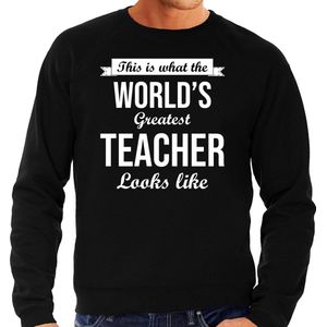 Worlds greatest teacher cadeau sweater zwart voor heren - verjaardag kado trui voor een leraar / leerkracht / meester XXL