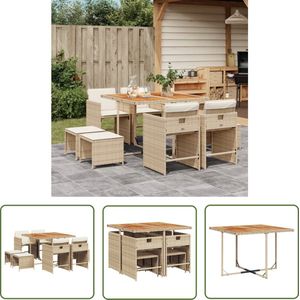 The Living Store 9-delige Tuinset met kussens poly rattan beige - Tuinset - Buitendecoratie - Lounge Set - Eetkamerset - Poly Ratan
