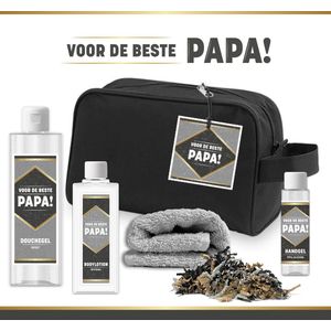 Geschenkset ''Voor De Beste Papa"" - 5 Producten | Giftset Voor Hem - 480 Gram - Toilettas - Vaderdag - Vader - Cadeau Man - Verjaardag - Kerst - Kerstpakket - Bodylotion - Douchegel - Zwart - Goud - Grijs