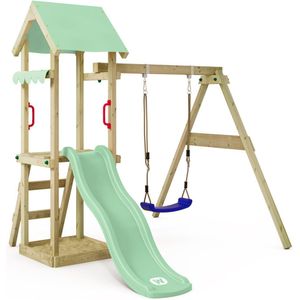 WICKEY speeltoestel klimtoestel TinyWave met schommel en pastelgroene glijbaan, outdoor kinderspeeltoestel met zandbak, ladder en speelaccessoires voor de tuin