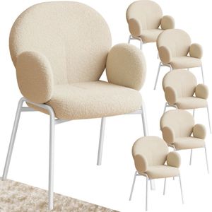 tectake® - Eetkamerstoel met armleuning - Woonkamerfauteuil - Scandinavische loungestoel - Comfortabele gestoffeerde stoel - Bekleding van bouclé teddystof - Set van 6 - Crème