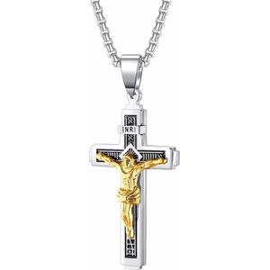 Fako Bijoux® - Cubaans Kruis Jesus Voor Mannen - HD Ketting Met Kruis - Heren Ketting - Holy Cross - 29x55mm - 55cm - 2mm - Stainless Steel - RVS - Staal - Zilver/Goud