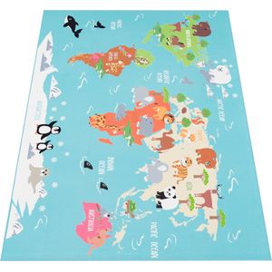 Flycarpets Binola Kindervloerkleed Blauw / Kleurrijk - 100x200 cm - Wereldkaart / Dieren Speelkleed / Speelmat - Laagpolig Vloerkleed Kinderkamer
