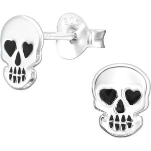 Joy|S - Zilveren skull schedel oorbellen - 6 x 7 mm - doodskop oorknoppen - met hartjes oogjes - zilver met zwart - kinderoorbellen