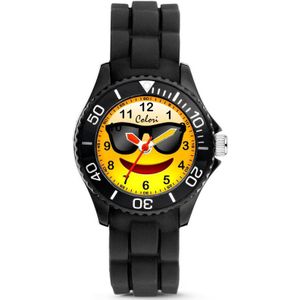 Colori 5-CLK130 Kinderhorloge - Smiley Zonnebril - 27 mm - 20 mm Wijzerplaat - Siliconen band - Verstelbaar van 15 t/m 19cm - Zwart