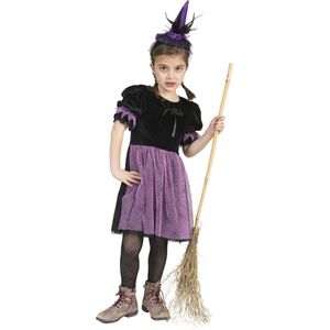 Funny Fashion - Heks & Spider Lady & Voodoo & Duistere Religie Kostuum - Zwart-Paarse Heks Nina - Meisje - Paars - Maat 140 - Halloween - Verkleedkleding