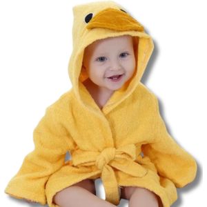 BoefieBoef Eend Eco-vriendelijke Baby & Dreumes Dieren Badjas S - 100% Katoen / Badstof Kinder Ochtendjas met Capuchon - Perfect Kraamcadeau voor 0-2 Jaar - Geel