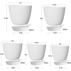 5 stuks kunststof bloempot met irrigatiesysteem, 17,8/16,5/15,2/13,9/12,7 cm, zelfbewatering, sierpot met onderzetter, rond, plantenbak voor binnen en balkon, tuin, planten (wit)