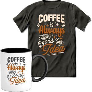 T-Shirtknaller T-Shirt met Koffiemok | Coffee is always a good - Koffie Kleding | Heren / Dames Shirt met Mok Cadeau | Kleur grijs | Maat XXL