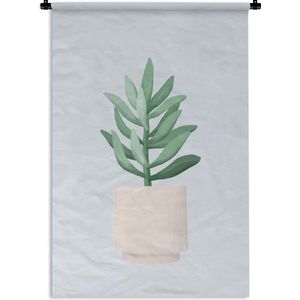 Wandkleed PlantenKerst illustraties - Illustratie van een vetplant met grijsgroene bladeren op een lichtblauwe achtergrond Wandkleed katoen 90x135 cm - Wandtapijt met foto