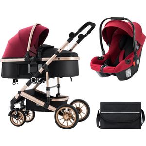 HandyHaven® - Kinderwagen 3 in 1 - Baby - Luxe Wandelwagen - Rood - Goud - Zwart - Multifunctioneel - Verstelbaar - Draagbaar - Opvouwbaar - Met autostoeltje - Voorwielen 360° - Hoogte 83/112cm - Duurzaam