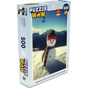 Puzzel Sneeuwpop met uitzicht op het landschap tijdens de kerstperiode - Legpuzzel - Puzzel 500 stukjes - Kerst - Cadeau - Kerstcadeau voor mannen, vrouwen en kinderen