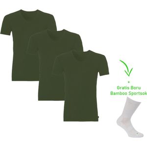 Bamboo T-Shirt - V Hals - Super zacht - Antibacterieel - Perfect draagcomfort - 95% Bamboo - 3 stuks - 1 paar bamboo sokken cadeau - Khaki - XXXL