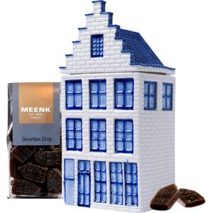 Voorraadpot - grachtenpand - 20 cm hoog - droppot - drop - Delfts blauw - Hollandse cadeautjes - Holland souvenir