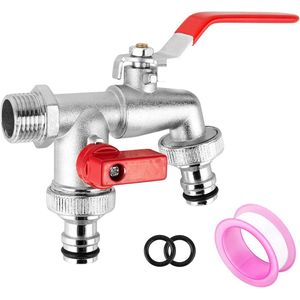 Dubbele Buitenkraan 1/2 inch - Messing - met 2x 3/4 inch Uitlaten - Roest- en Vorstbestendig - rood