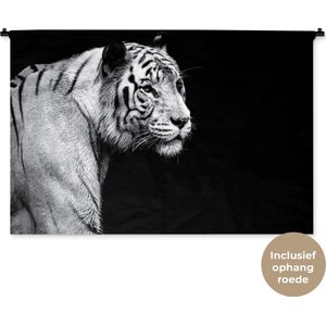 Wandkleed Close-up Dieren in Zwart-Wit - Studio shot witte tijger op zwarte achtergrond in zwart-wit Wandkleed katoen 150x100 cm - Wandtapijt met foto