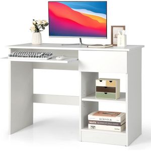 Bureau met toetsenbordblad, lade en verstelbare plank, computertafel, pc-tafel, bureautafel voor kleine ruimtes, wit, 108 x 48 x 75 cm