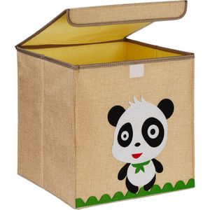 Relaxdays opbergmand kinderkamer - vierkant - speelgoedmand met deksel - opvouwbaar - panda