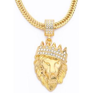 King Lion Ketting Heren met Goud kleurig met Diamantjes (Zirkonia) - Leeuwenkoning - Kettingen - Cadeau voor Man - Mannen Cadeautjes