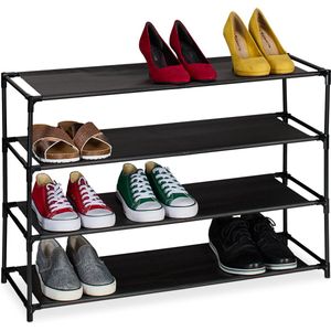 Relaxdays schoenenrek - metaal en stof - zwart opbergrek schoenen - hal - schoenenmeubel - 4 etages